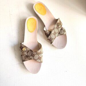 Gucci Canvas Monogram Wood Sole Clog Sandals 37